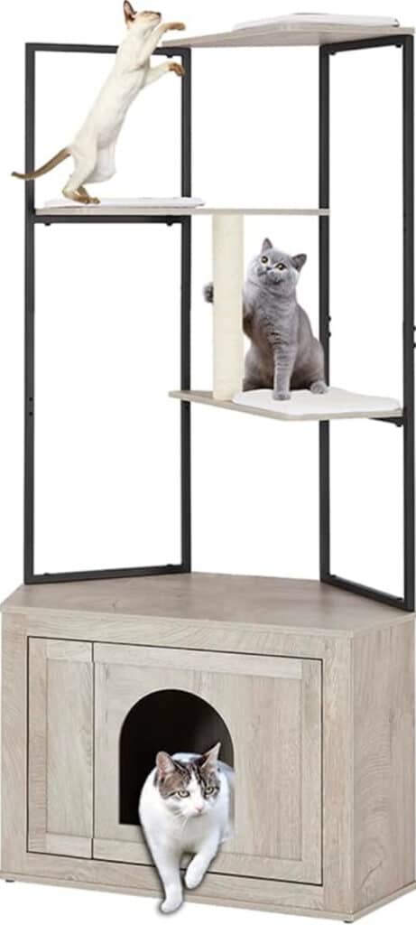 arbre a chat angle niche contemporain metal bois cache litiere