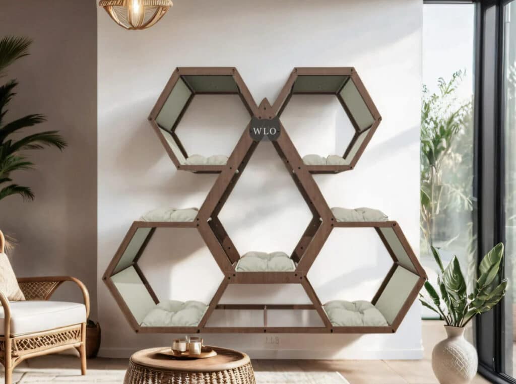 arbre a chat design espace mural forme pentagone hexagone